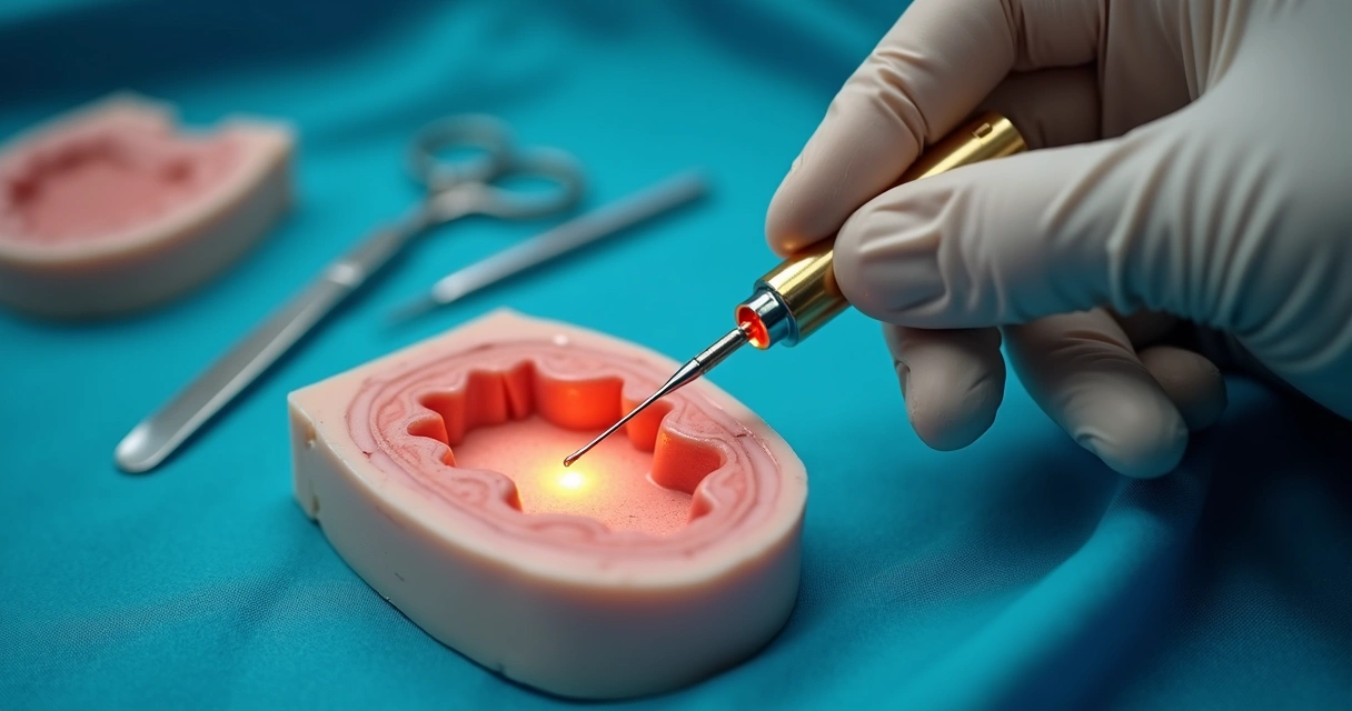 Detalhe da mão de cirurgião guiando fibra óptica de laser em cirurgia de fístula anal 