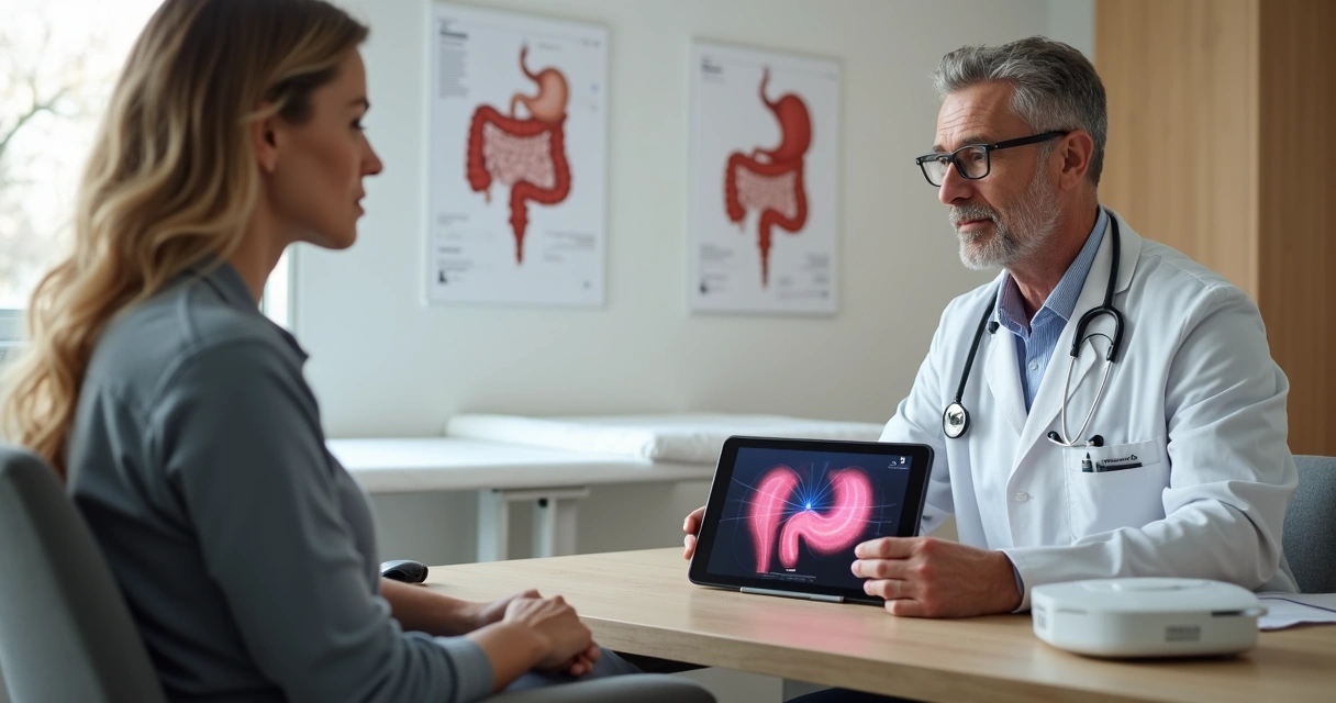 Médica coloproctologista explicando cirurgia a laser em proctologia para paciente em consultório moderno 