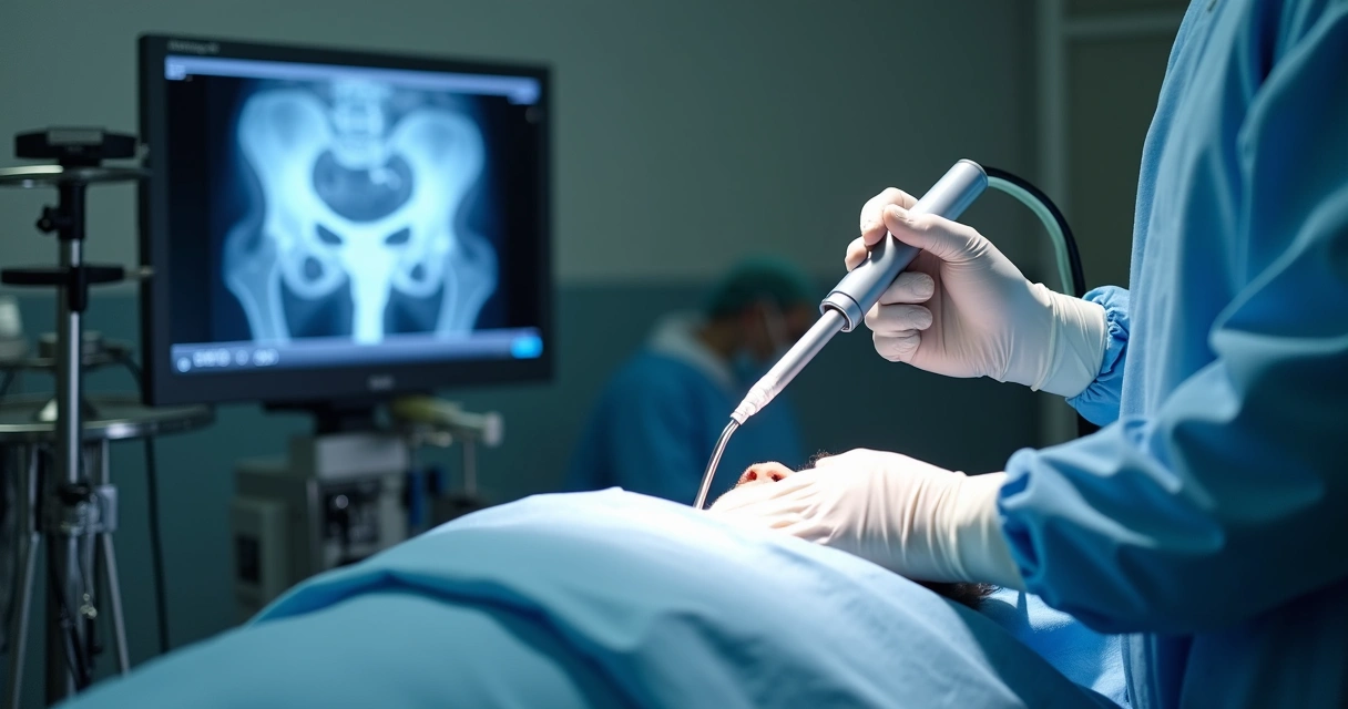 Procedimento urológico com laser para próstata em centro cirúrgico
