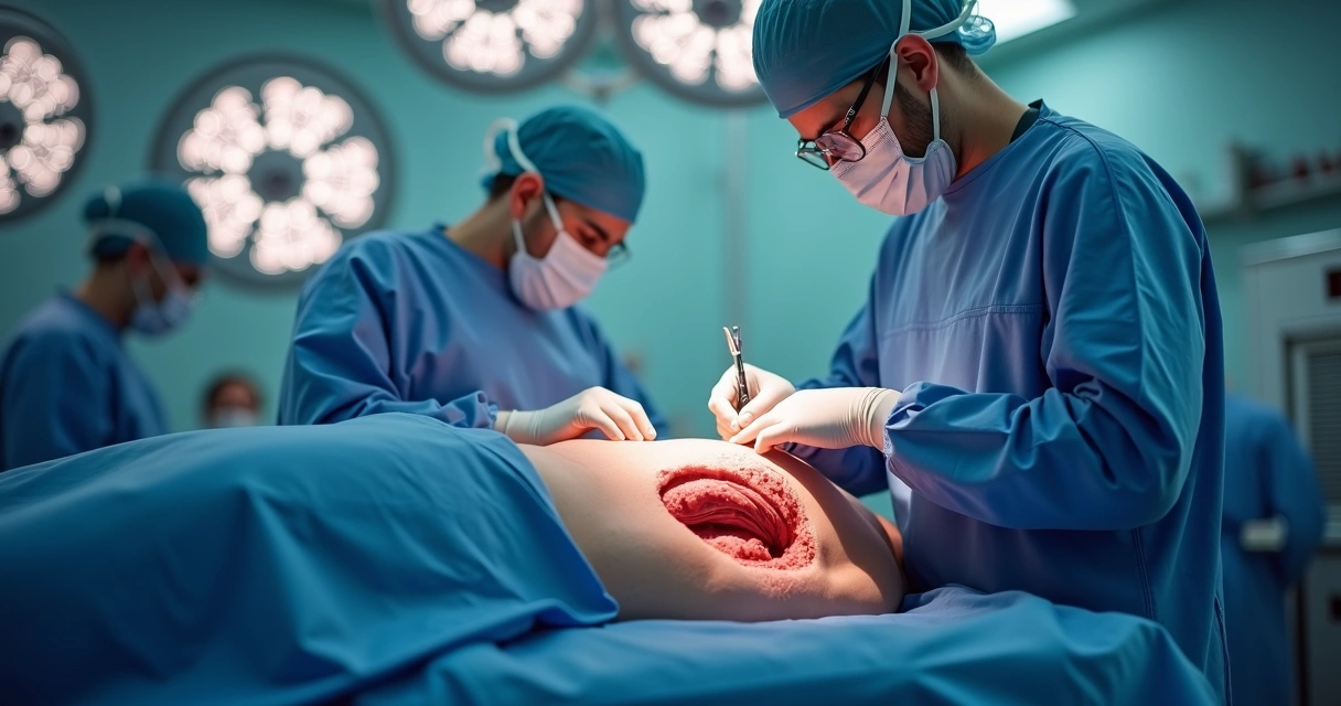 Ilustração médico cirurgião realizando ligamentólise peniana em sala cirúrgica 