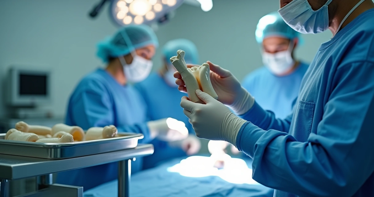 Profissional da saúde segurando prótese ortopédica no centro cirúrgico 