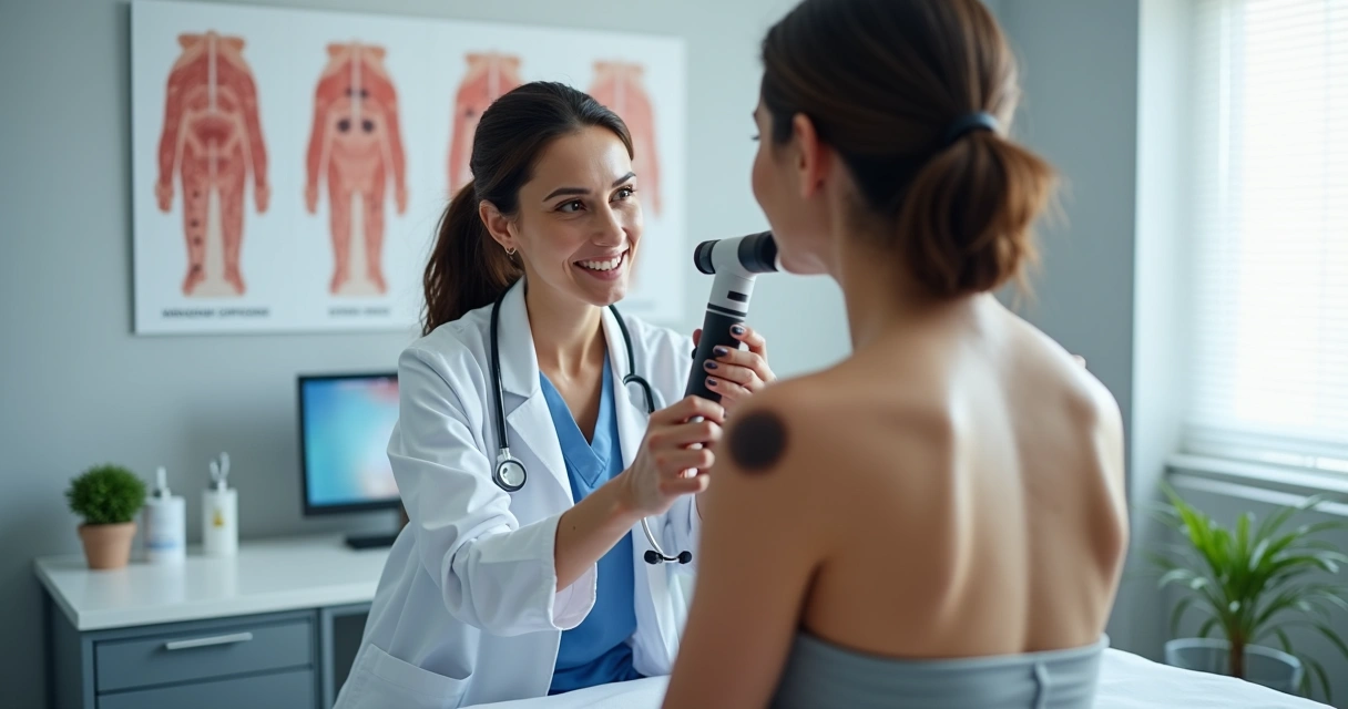 Médica examina lesão de melanoma na pele de paciente em consultório 