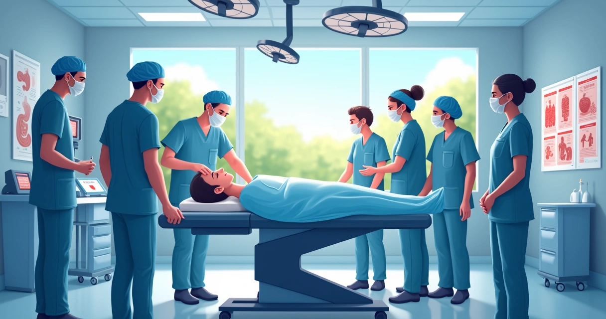 Equipe médica em cirurgia metabólica em um hospital moderno com monitores e gráficos ao fundo.