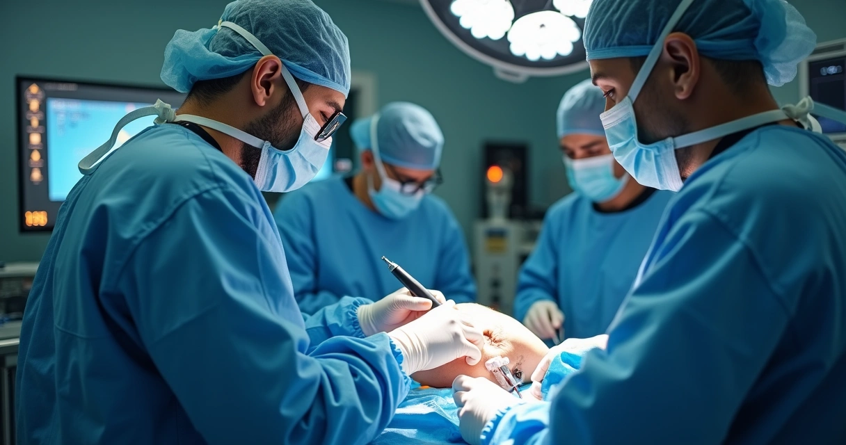 Neurocirurgião realizando procedimento minimamente invasivo