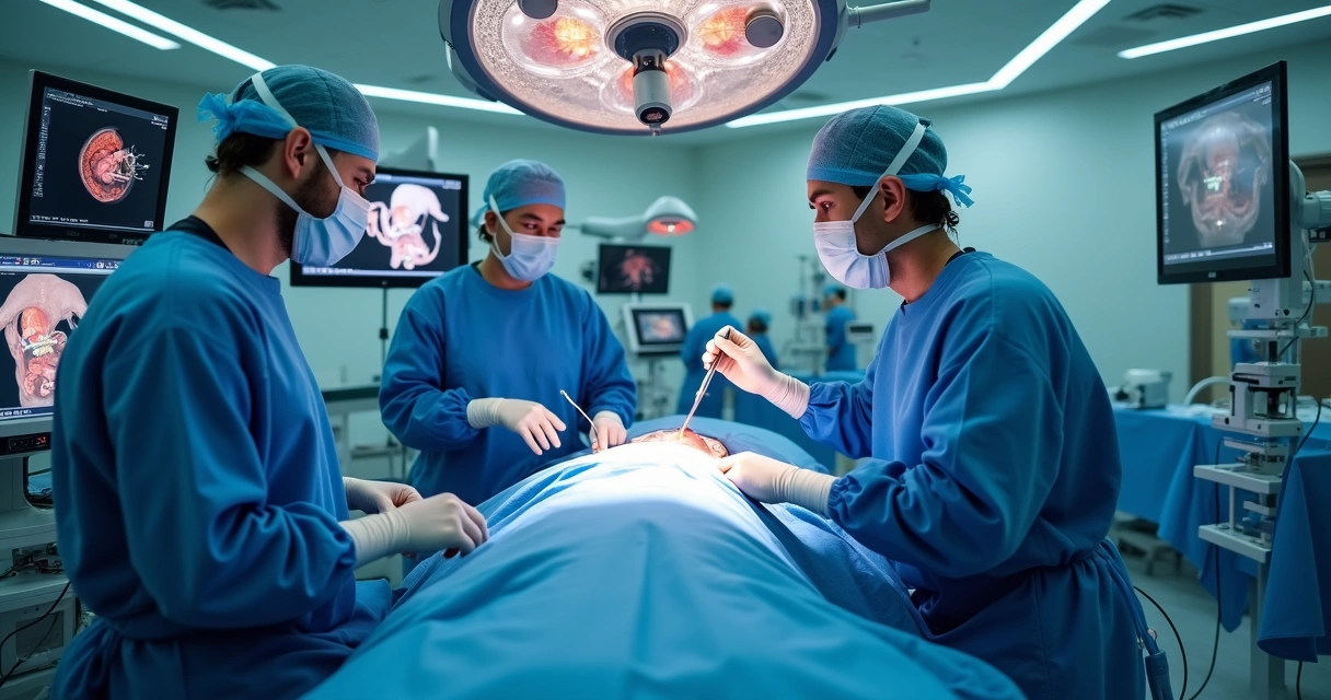 Cirurgiões realizando procedimento minimamente invasivo com tecnologia avançada em centro cirúrgico moderno 