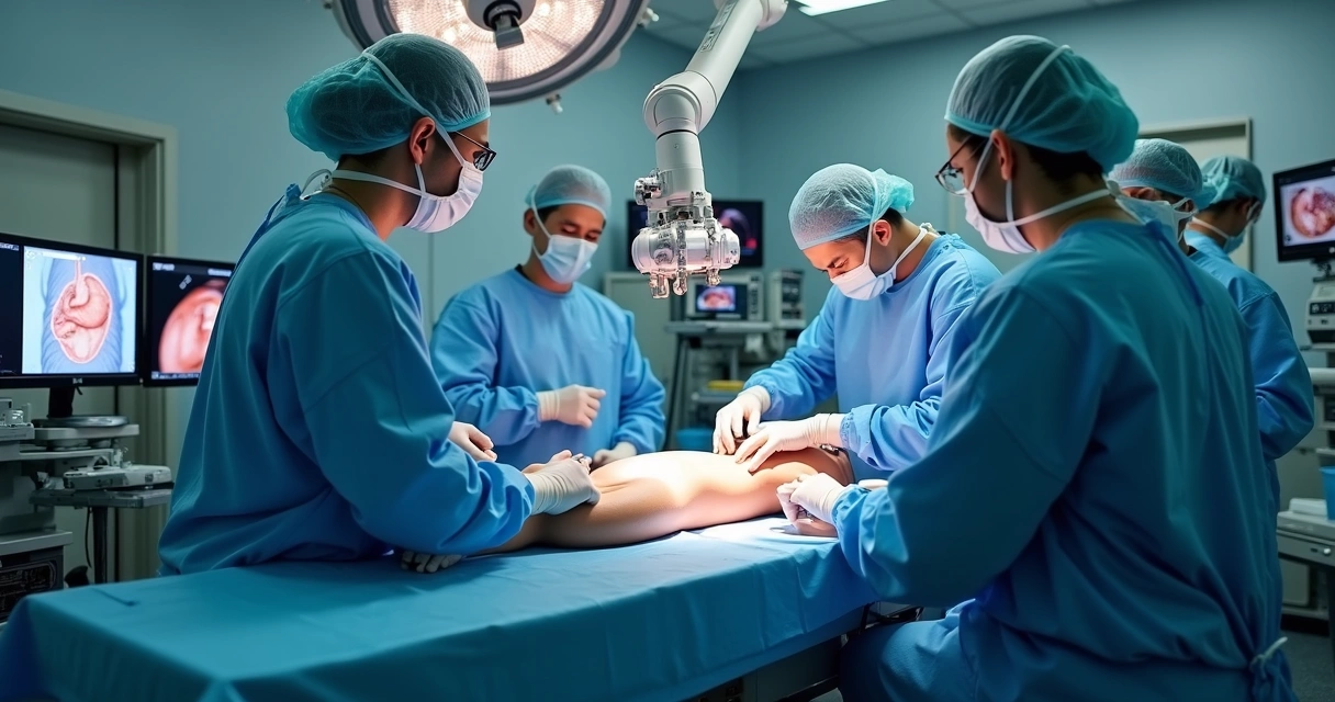Equipe médica realizando cirurgia robótica do intestino em sala cirúrgica 