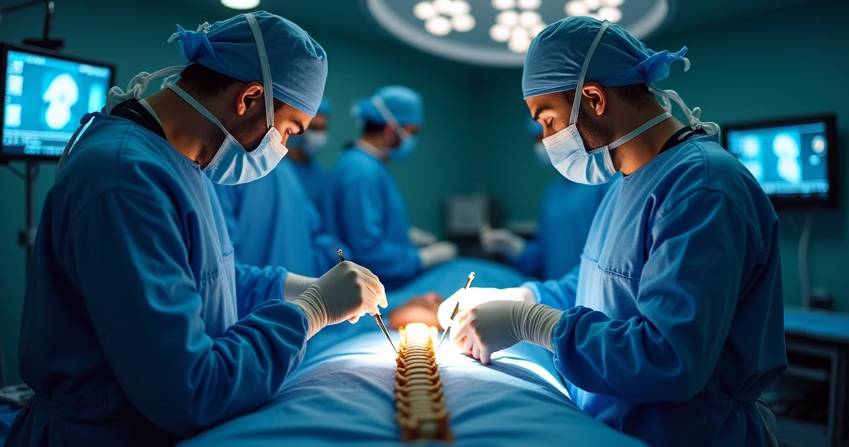Cirurgia minimamente invasiva na coluna vertebral com equipe médica 