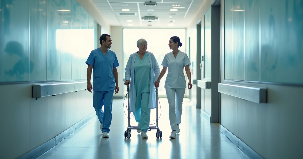 Paciente caminhando em corredor de hospital após cirurgia minimamente invasiva 