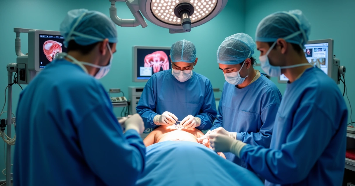 Equipe médica realizando cirurgia minimamente invasiva em ambiente hospitalar moderno. 