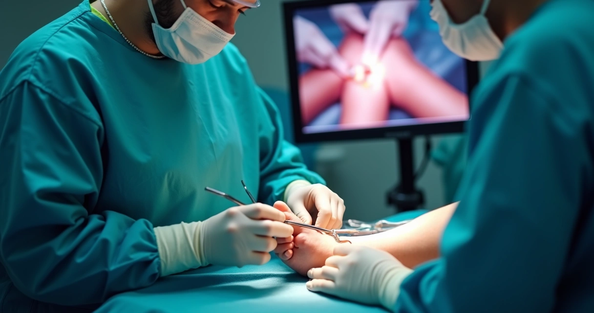 Equipe médica realizando cirurgia minimamente invasiva do hálux valgo 