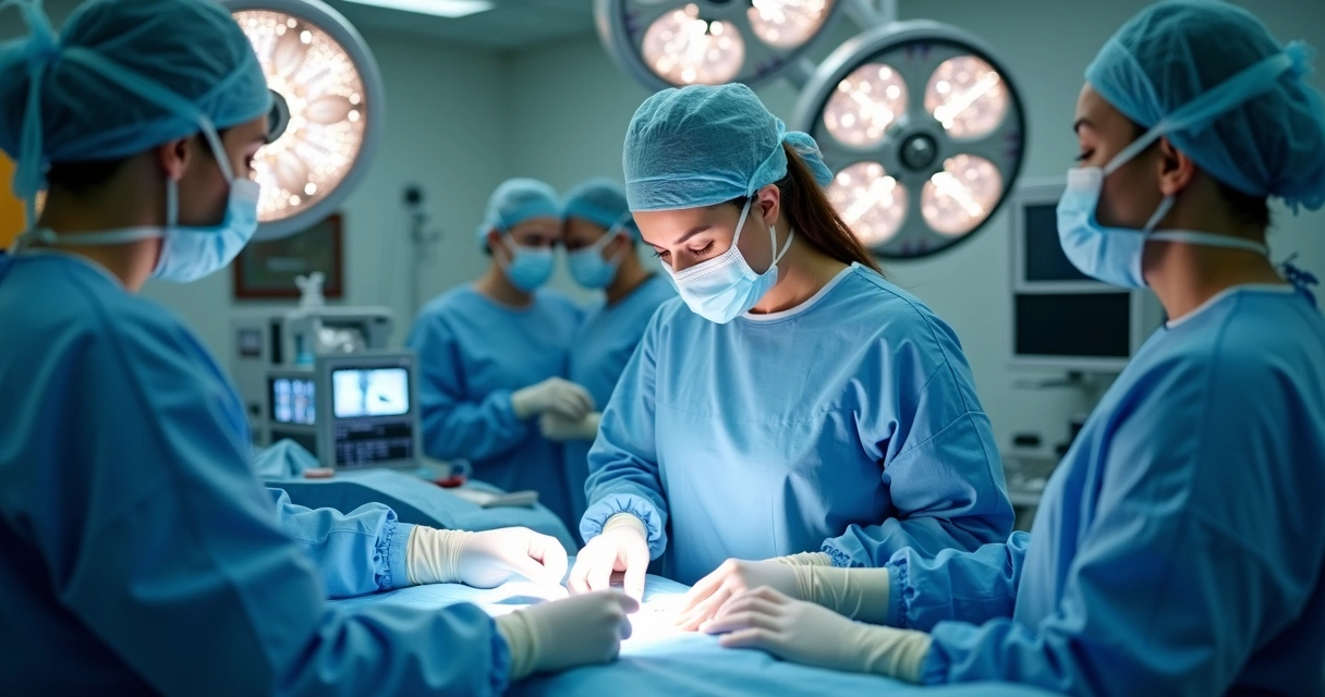 Equipe médica realizando cirurgia oncológica em sala de centro cirúrgico 