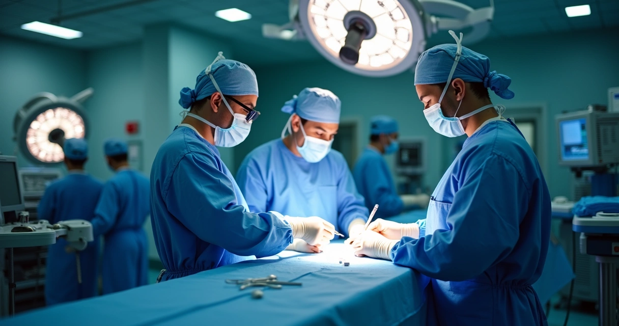 Equipe médica multidisciplinar em sala de cirurgia oncológica com equipamentos avançados e iluminação cirúrgica 