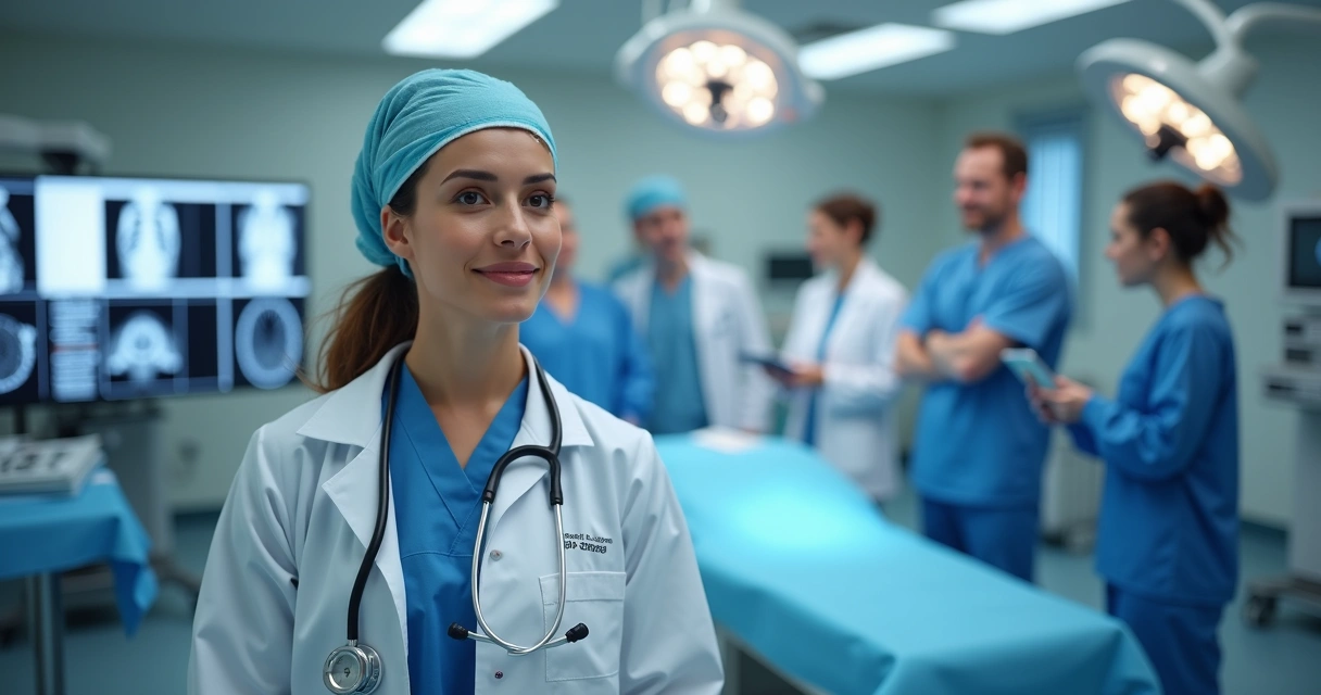 Cirurgiã oncológica conversando com equipe multidisciplinar em centro cirúrgico moderno 