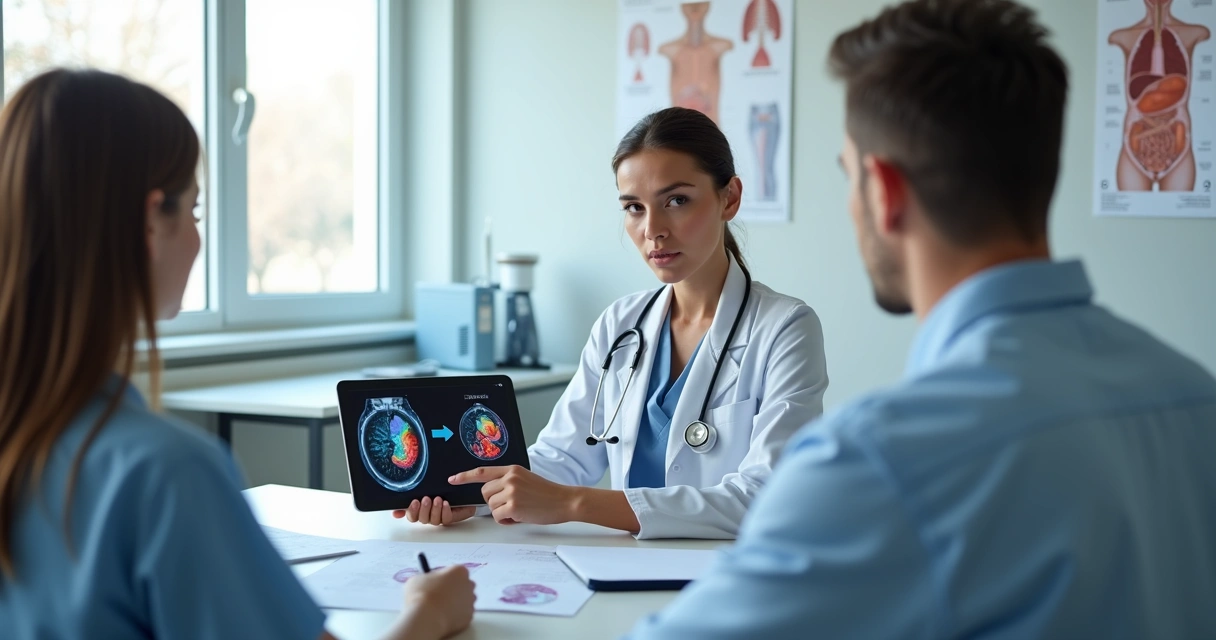 Médica cirurgiã oncológica explicando opções de cirurgia para paciente com câncer operável 