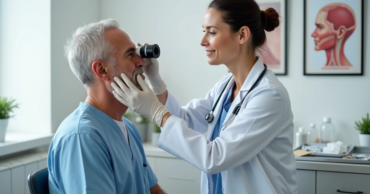 Cirurgiã oncológica examinando lesão de câncer de pele no rosto de paciente 