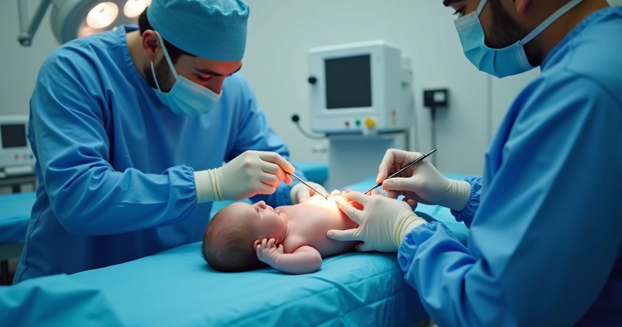 Equipe médica realizando cirurgia de orquidopexia em bebê 