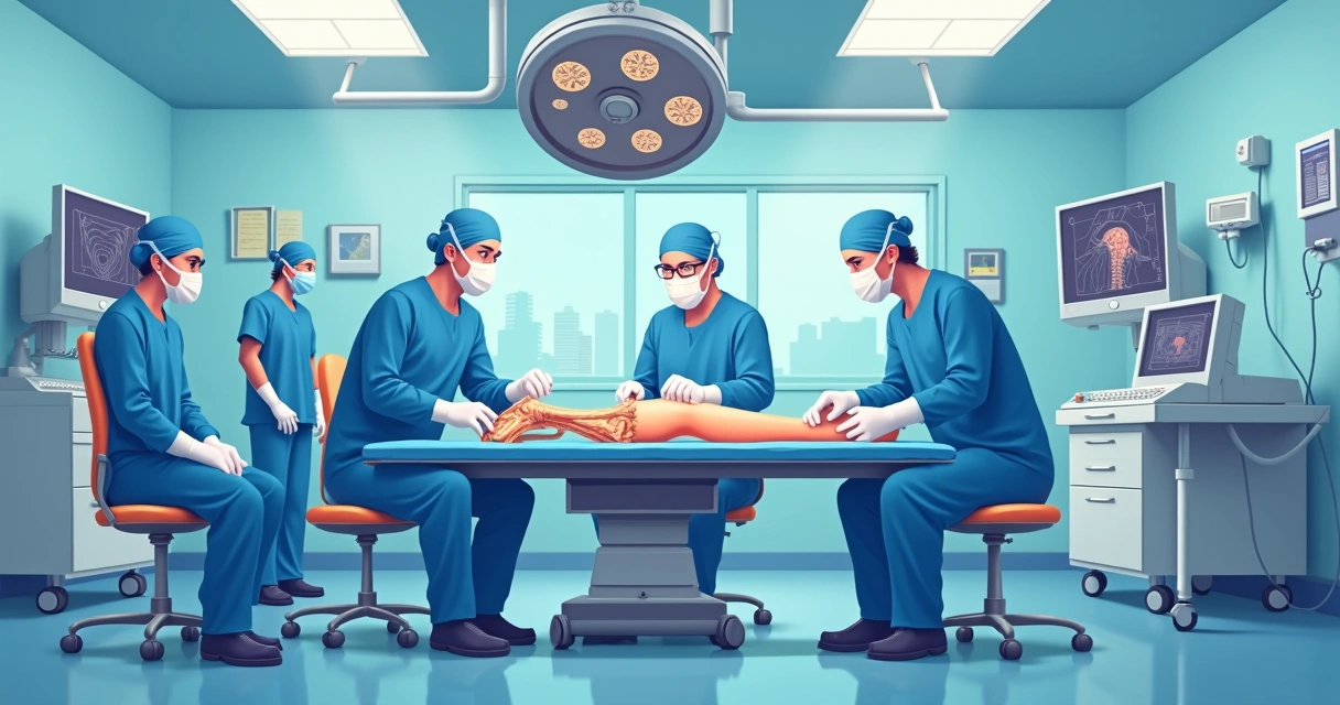 Equipe médica em cirurgia de desbridamento ósseo em ambiente hospitalar 