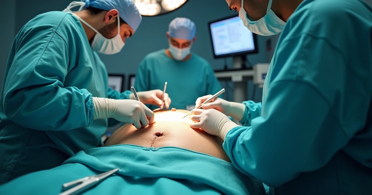 Equipe médica realizando cirurgia peniana com instrumentos estéreis. 