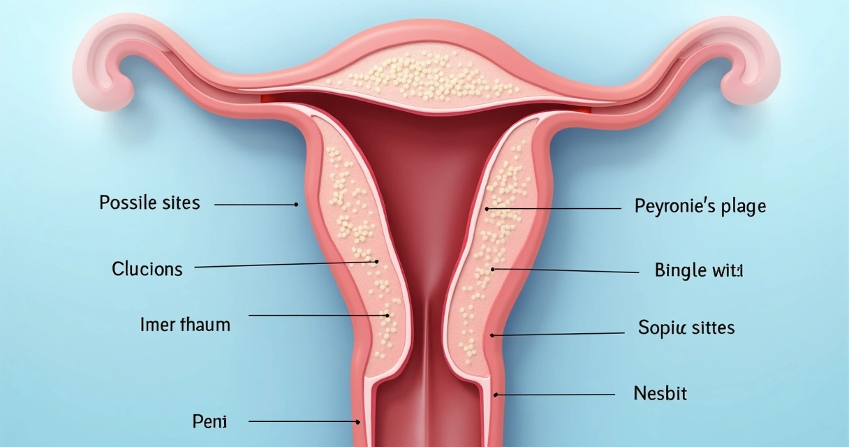 Ilustração médica mostrando estrutura interna do pênis com destaque para placa de Peyronie e linhas de incisão. 