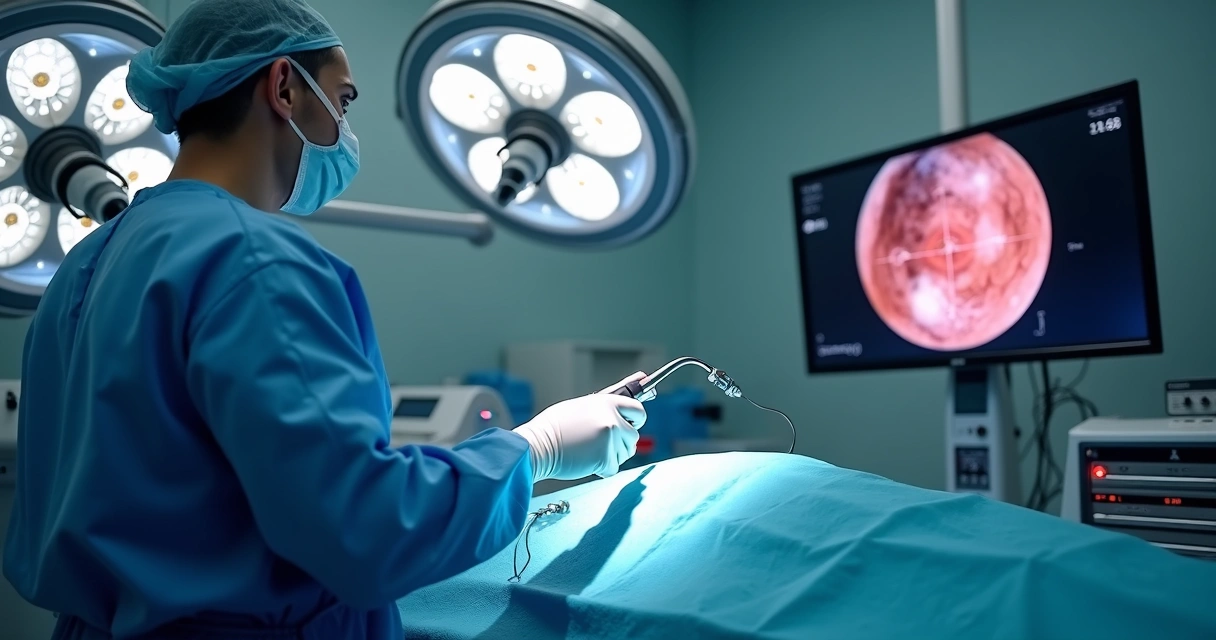Cirurgião em procedimento endoscópico da próstata com monitor 