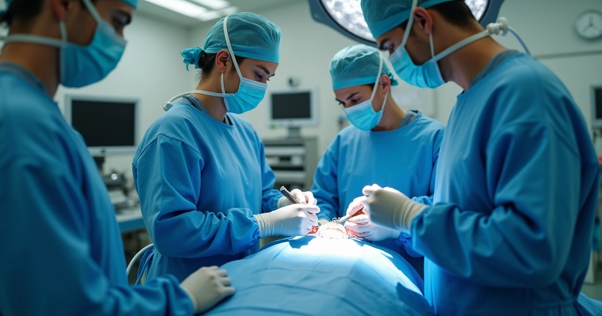 Sala de cirurgia limpa com equipe médica realizando implante de prótese peniana. 