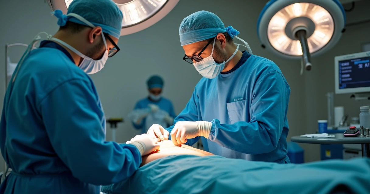 Cirurgião realizando implante de prótese peniana em ambiente hospitalar 