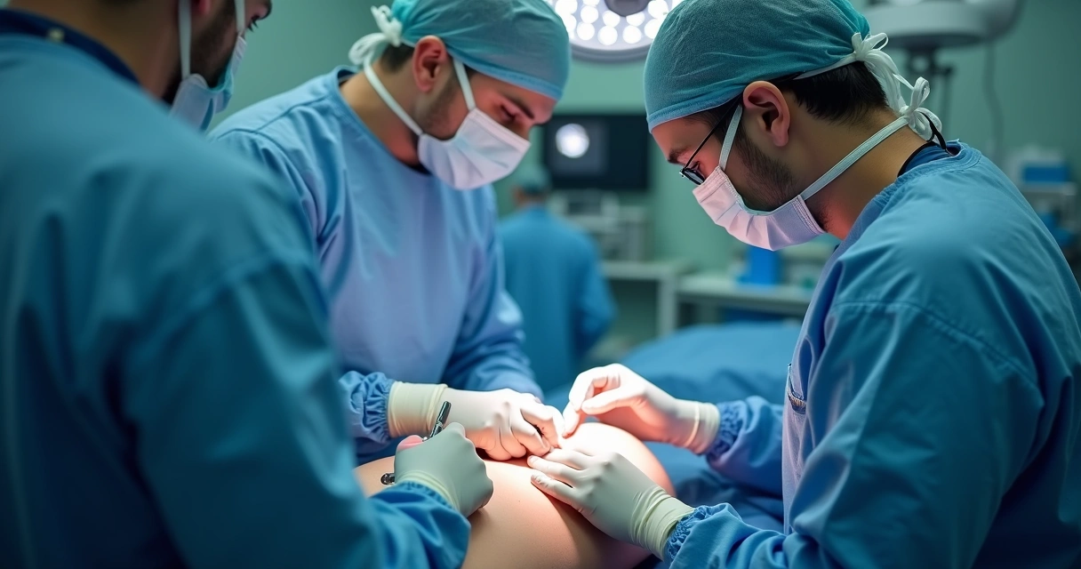 Cirurgião e equipe médica realizando implante de prótese peniana na sala de cirurgia. 