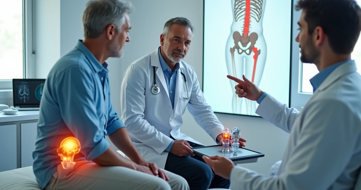 Cirurgião ortopedista avaliando prótese de quadril com paciente em consultório moderno 