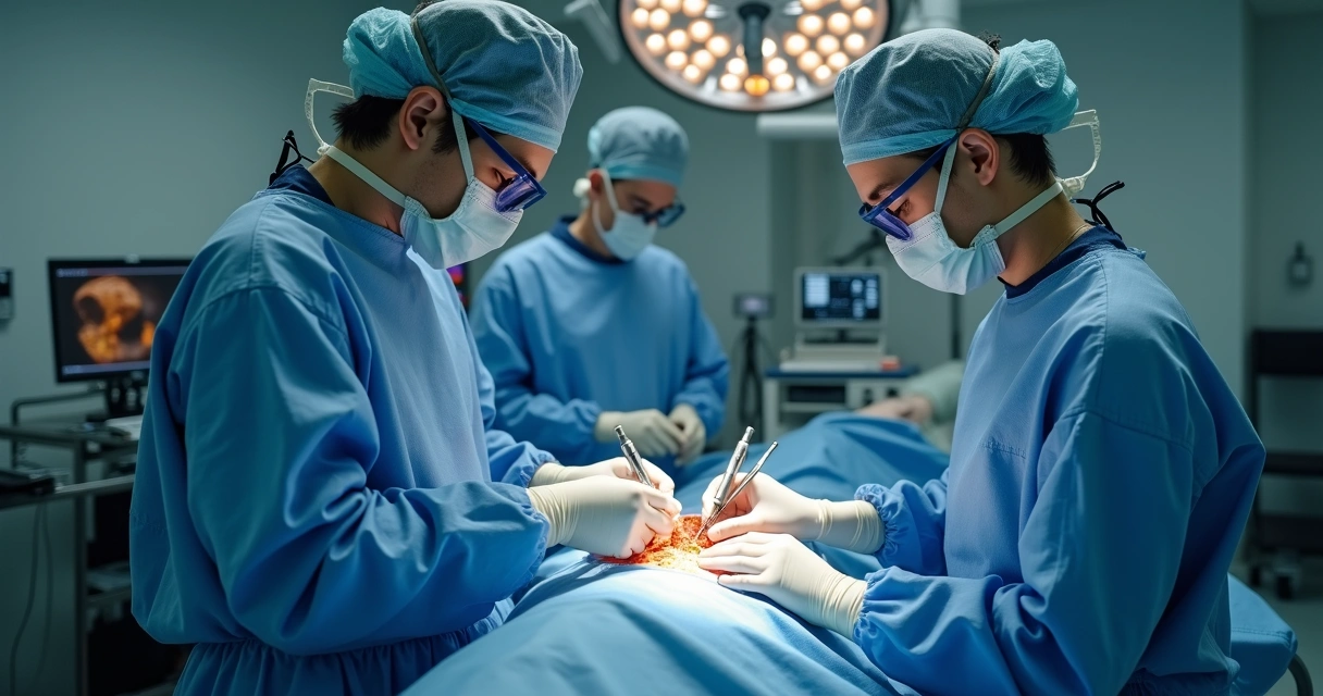 Cirurgião realizando artroplastia de quadril minimamente invasiva com auxílio de braço robótico 