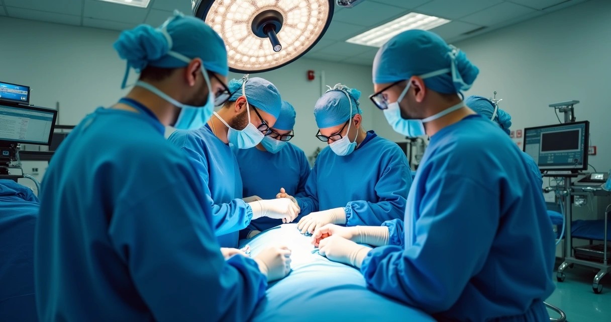 Equipe médica realizando cirurgia reparadora em paciente pós-bariátrico em centro cirúrgico moderno.