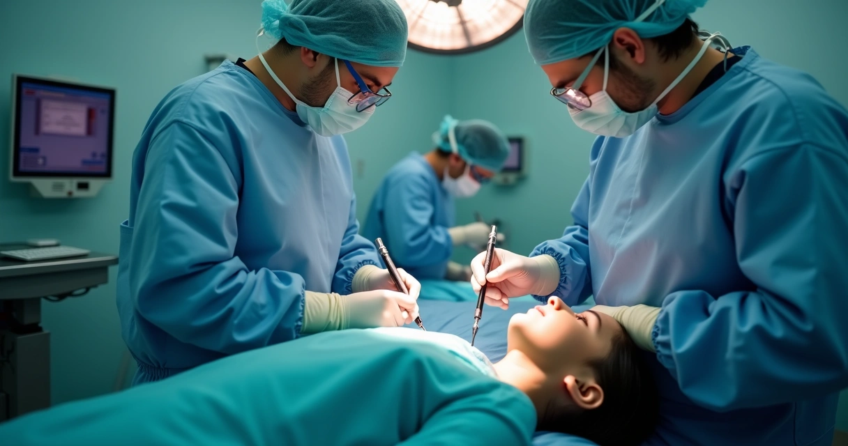 Equipe médica realizando cirurgia de reversão de vasectomia em centro cirúrgico