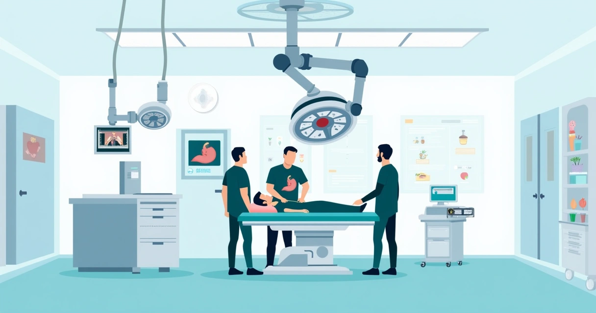 Illustration de uma cirurgia robótica bariátrica em uma sala de operação clara e limpa.