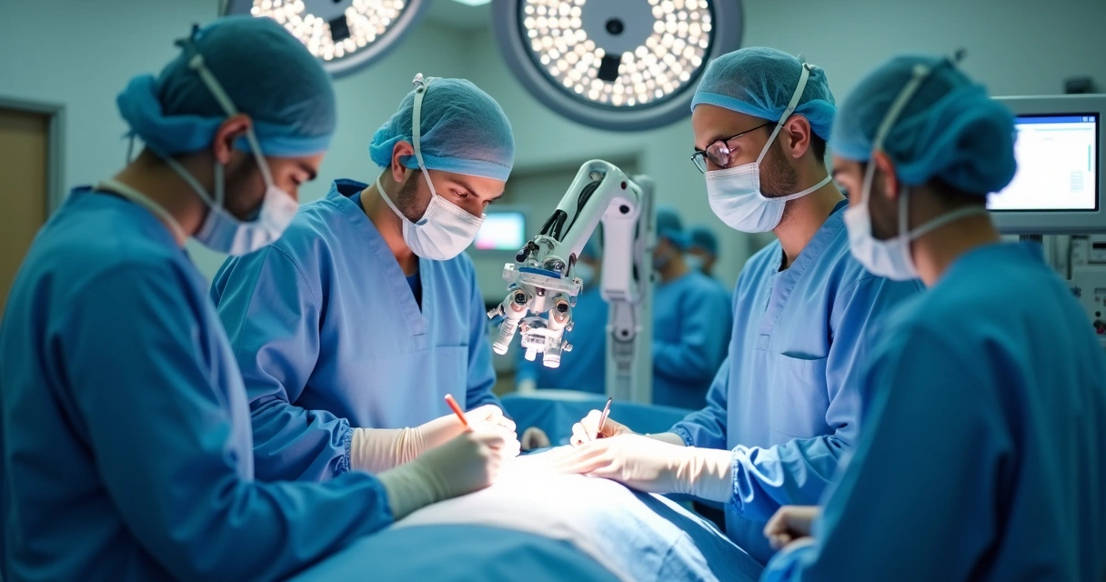 Equipe médica utiliza braço robótico durante cirurgia 