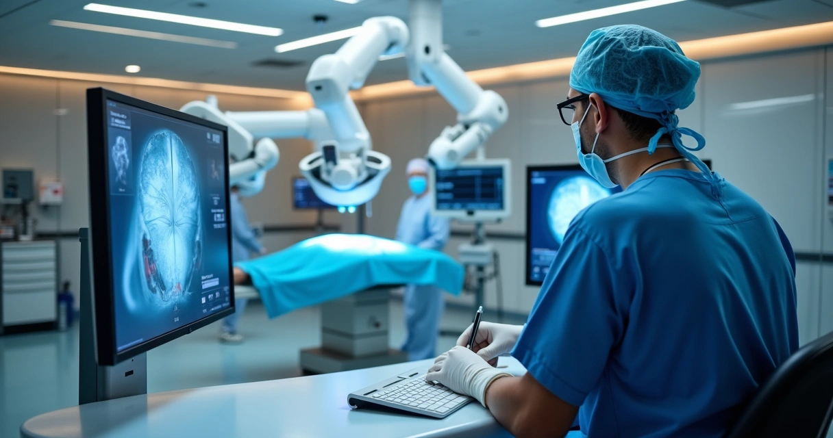 Cirurgião operando console de cirurgia robótica em centro cirúrgico moderno 