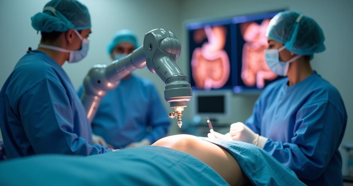 Detalhe de braço robótico em cirurgia digestiva com visão 3D em monitor 
