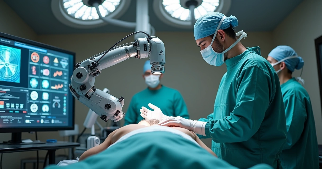 Robô cirúrgico e médico em sala de operação com painéis de controle 
