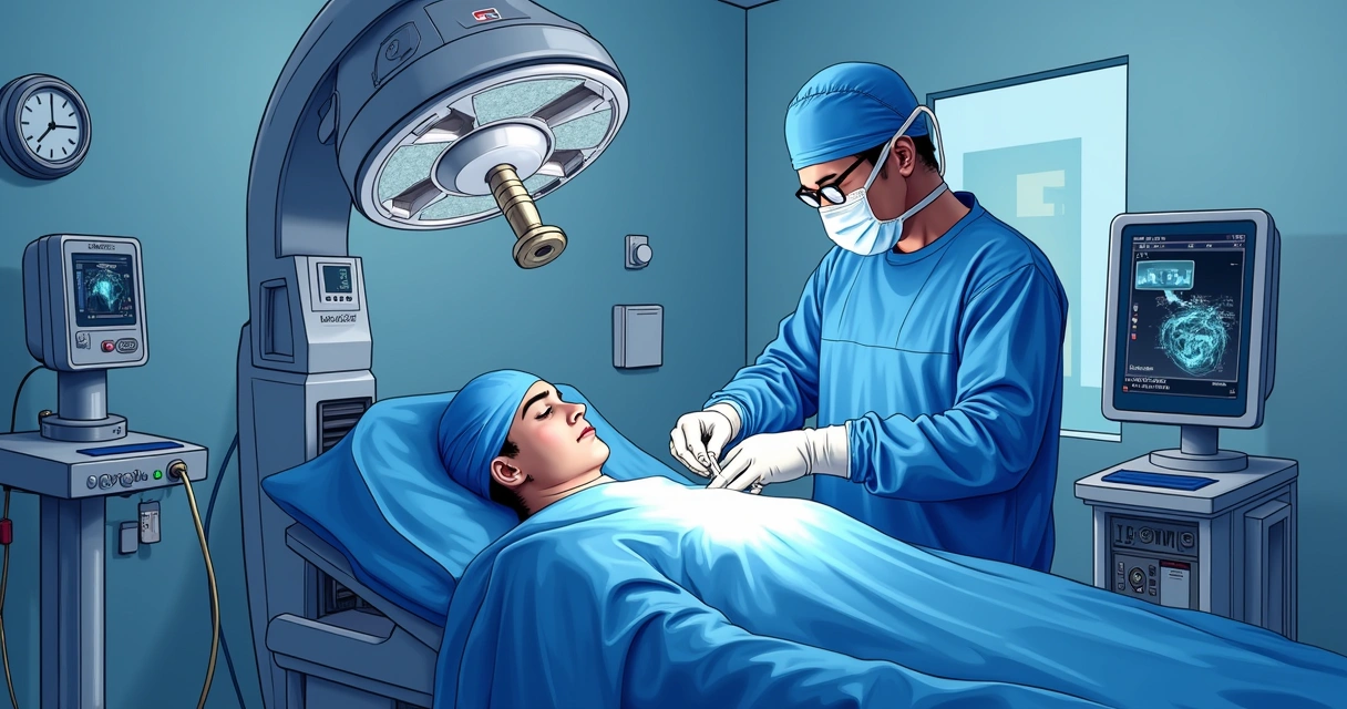 Cirurgião operando um robô cirúrgico em uma sala de cirurgia moderna e limpa, com tela 3D ao fundo.