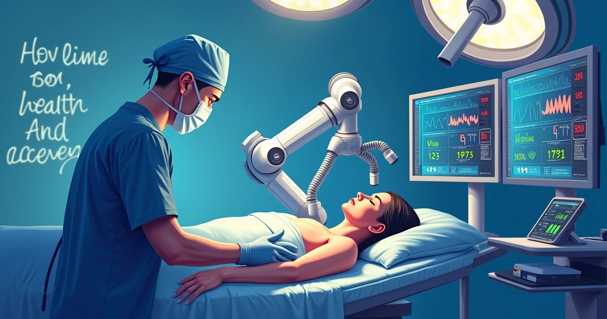 Ilustração de cirurgia robótica para obesidade severa, com robô e equipe médica em um ambiente cirúrgico
