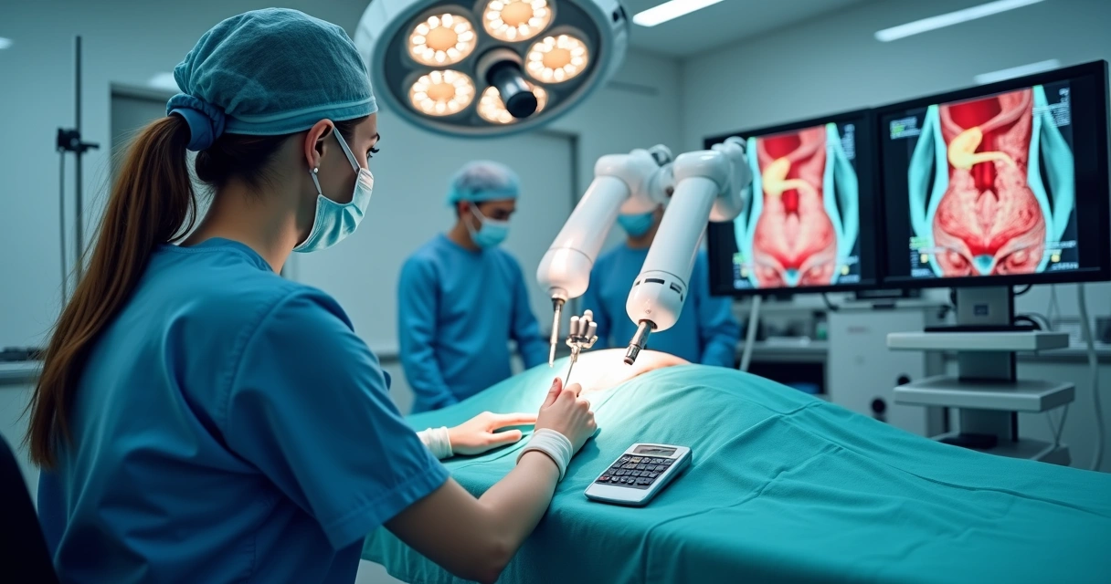 Cirurgiã oncológica operando robô cirúrgico em sala de cirurgia moderna 