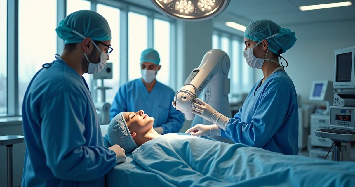 Médicos realizando cirurgia robótica oncológica em sala moderna