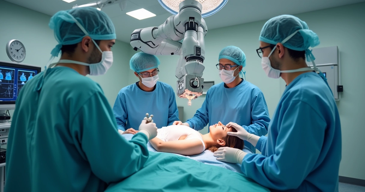 Equipe médica realizando cirurgia robótica ginecológica em centro cirúrgico moderno 