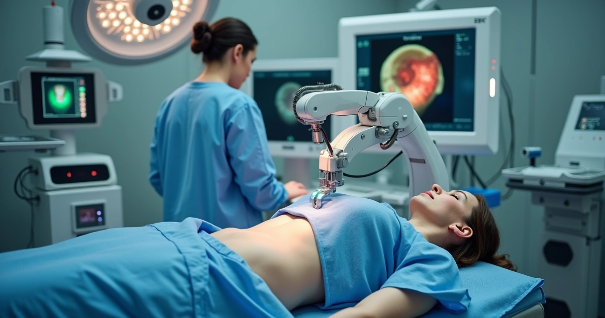 Cirurgiã operando prolapsos pélvicos com sistema de cirurgia robótica em centro cirúrgico moderno 