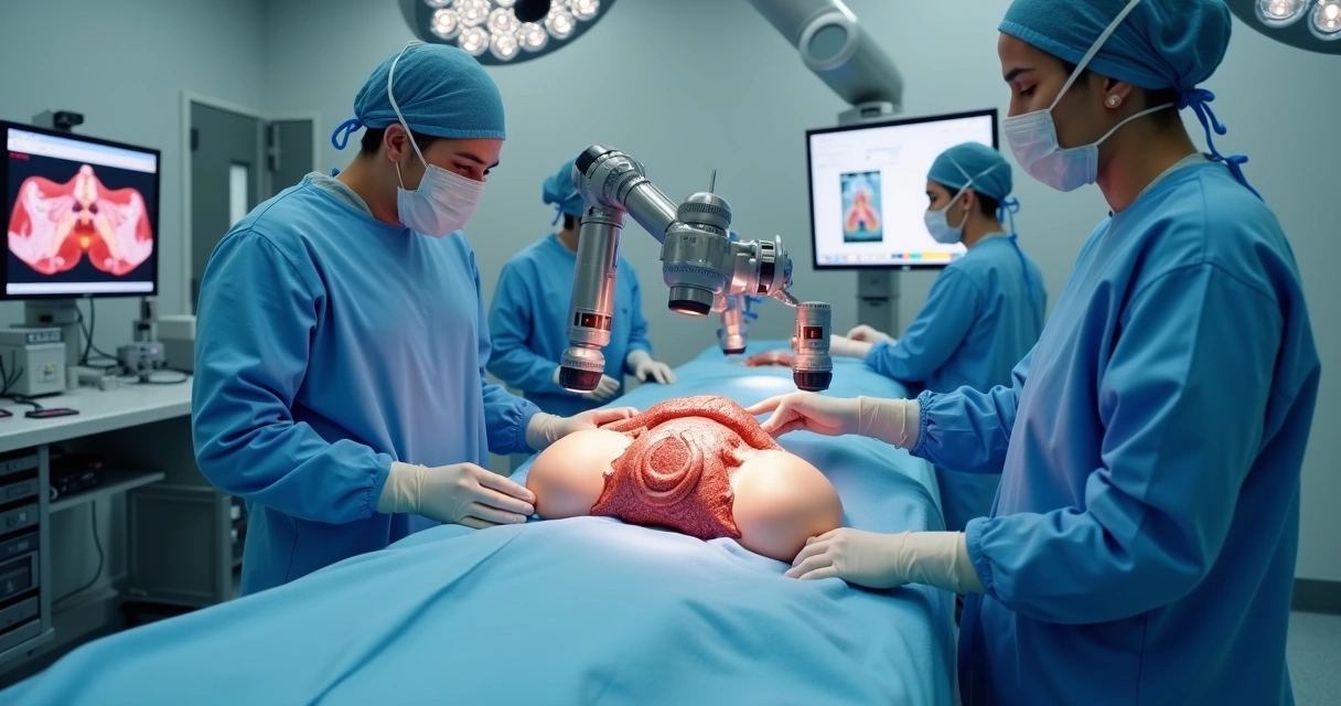 Equipes médica e tecnologia robótica em sala de cirurgia pélvica 