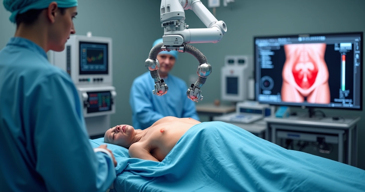 Console robótico e campo cirúrgico em operação urológica