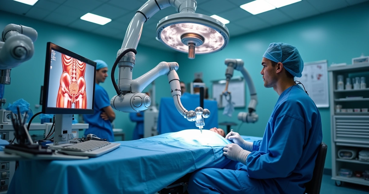 Sala cirúrgica com sistema robótico em prostatectomia 