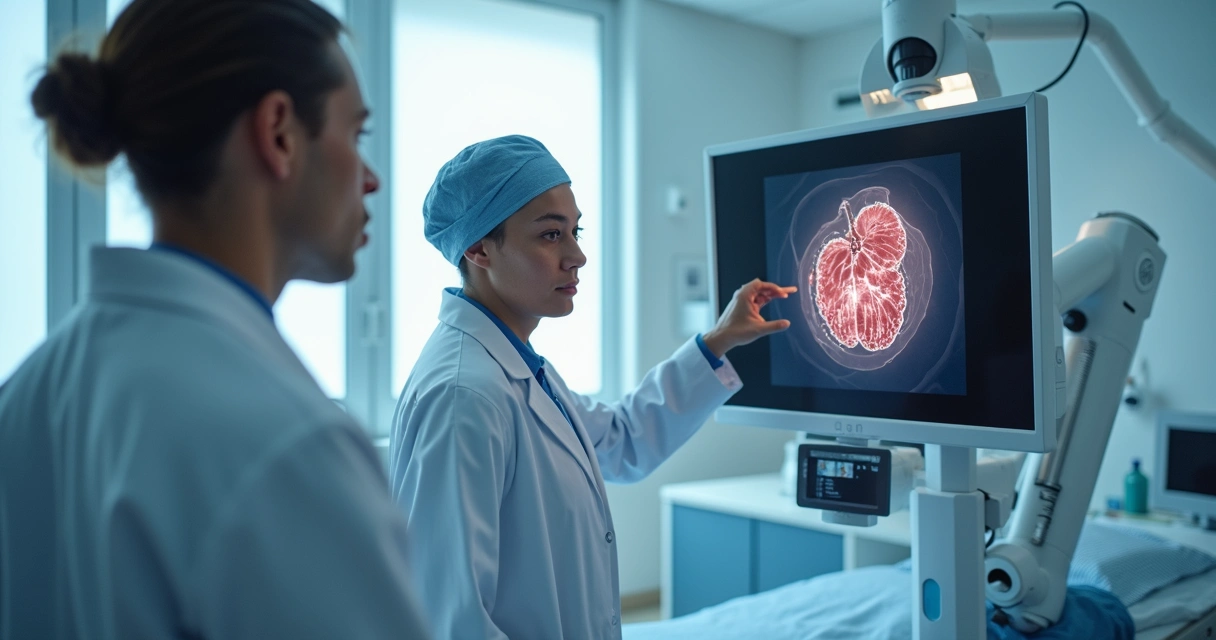 Médico explicando cirurgia robótica de próstata usando um robô cirúrgico