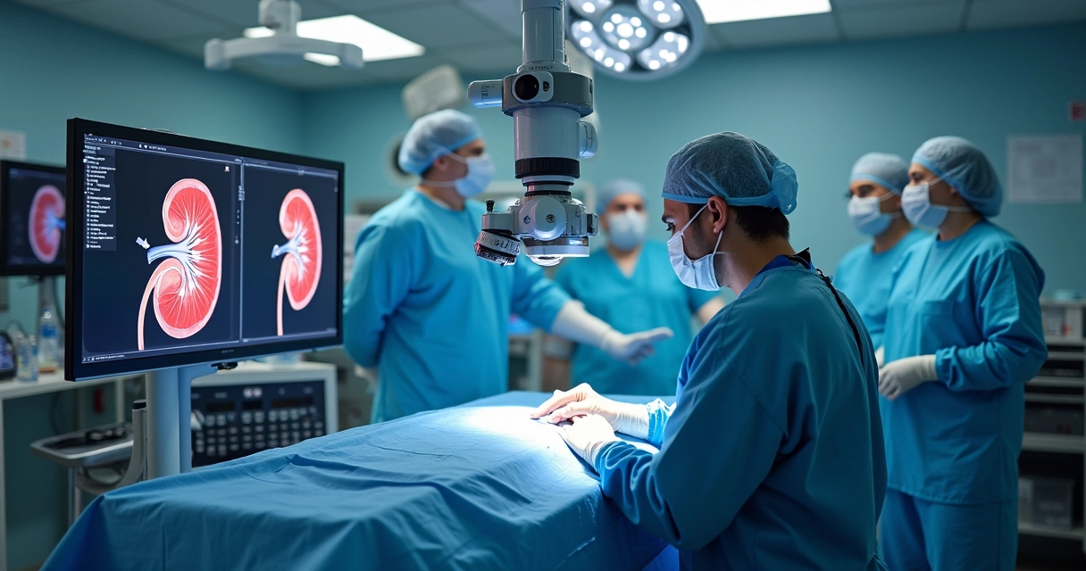 Cirurgia robótica sendo realizada para retirar cálculo renal 