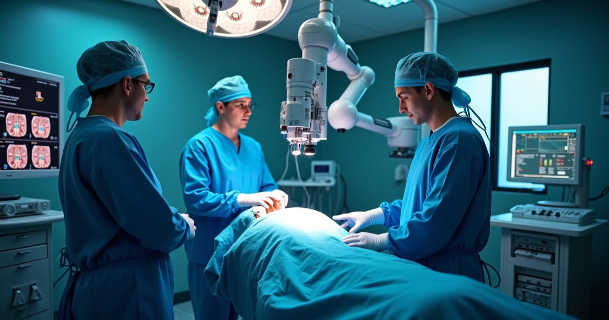 Cirurgião realizando procedimento robótico em sala cirúrgica para câncer de rim 