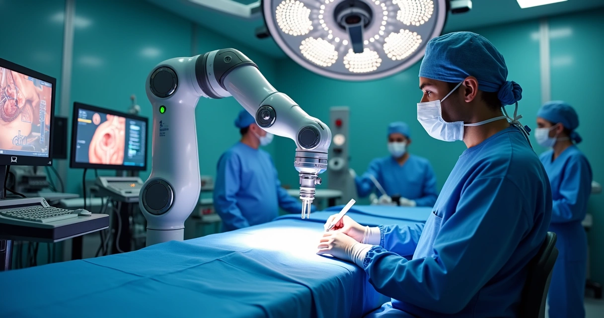 Cirurgião controlando equipamento robótico em sala de cirurgia moderna 