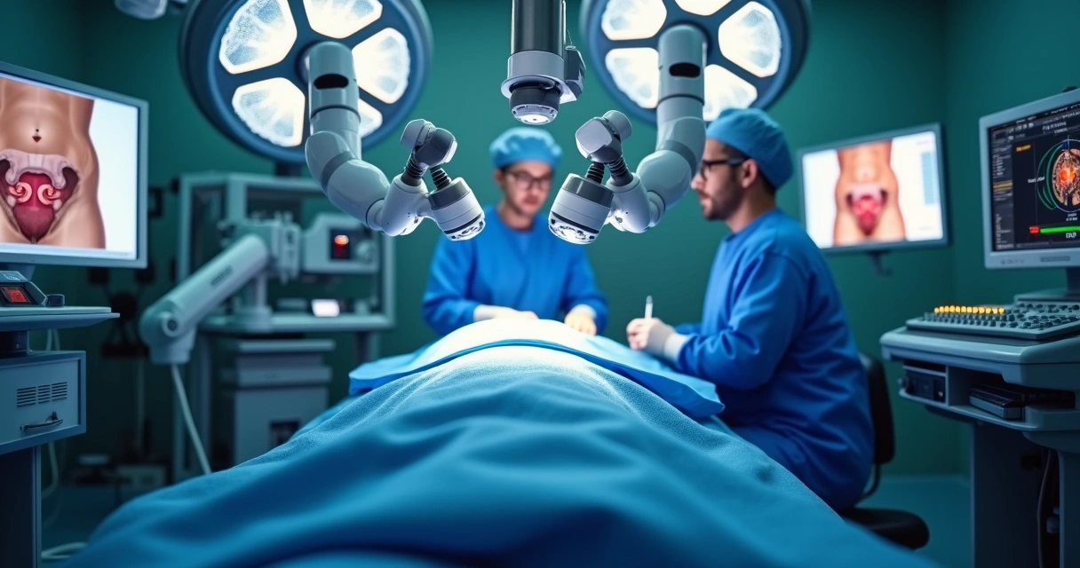 Console de cirurgia robótica em procedimento urológico 
